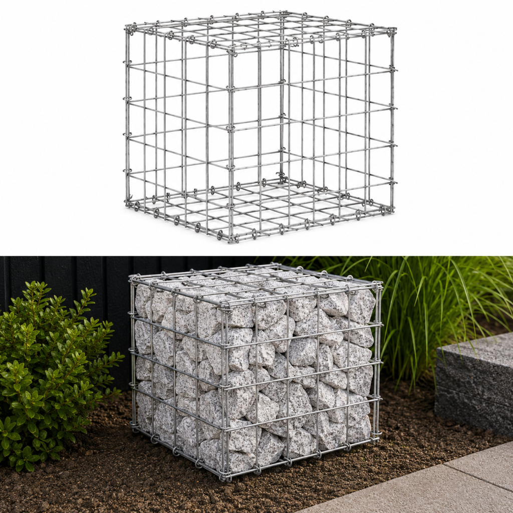 Gabionykorb 0,5 x 0,5 x 0,5 m — Masche 100 x 100 mm für Garten und Landschaftsbau